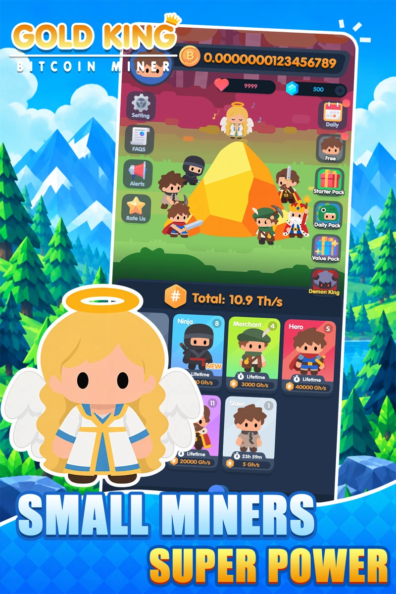 The Gold King mining screen with a golden mine and a crew of miners