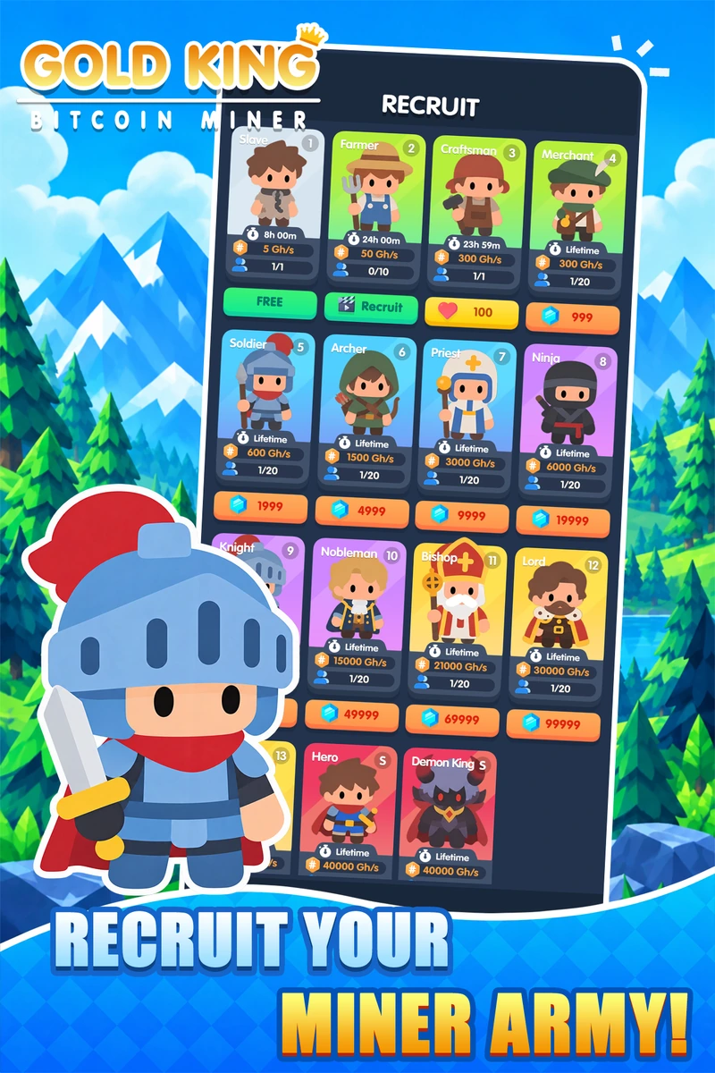 The recruit screen showing a colorful collection of miners